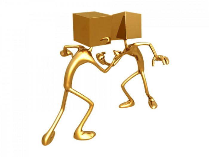 Two golden figures with boxes for heads fighting
