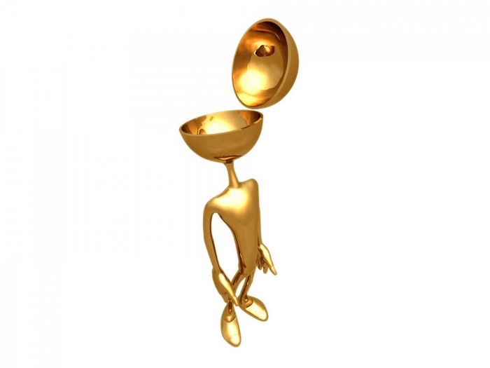 Golden figure with open head on white background