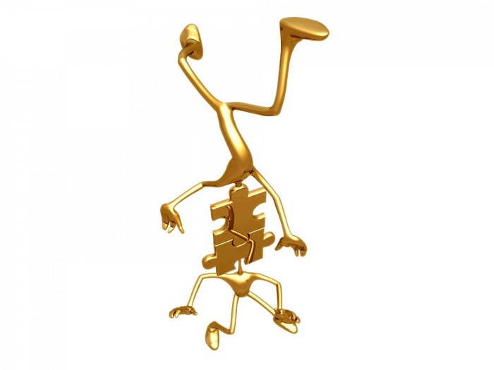 Golden puzzle piece man doing a handstand