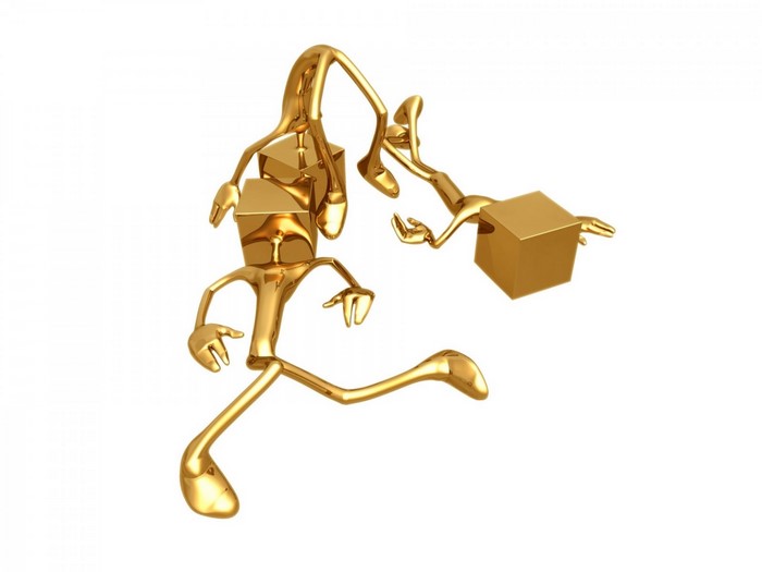 Golden figures with boxes running on white background