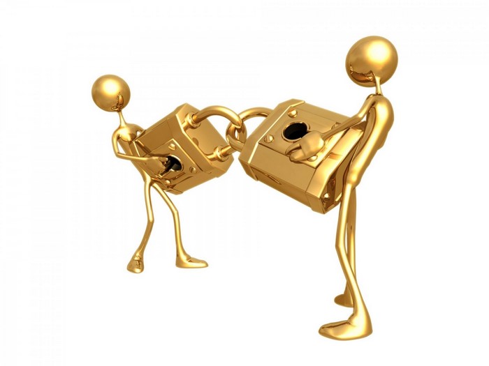 Two golden figures holding padlocks
