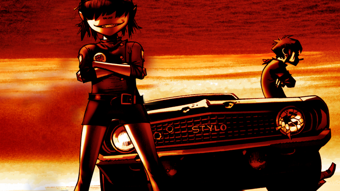 Noodle and Murdoc from Gorillaz with the car Stylo