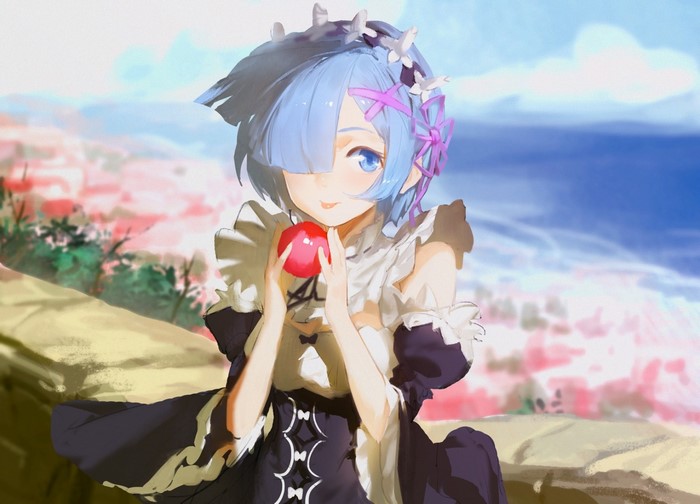 Rem from Re:Zero holding an apple