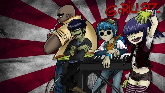 Gorillaz band members in front of a Japanese rising sun flag