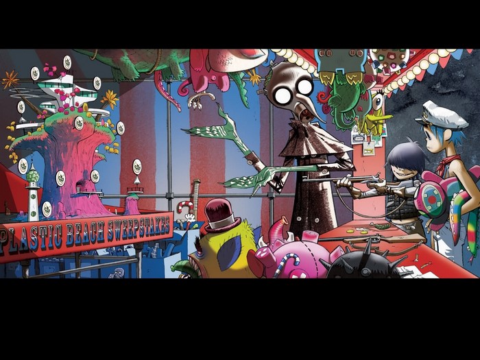 Gorillaz characters at Plastic Beach Sweepstakes