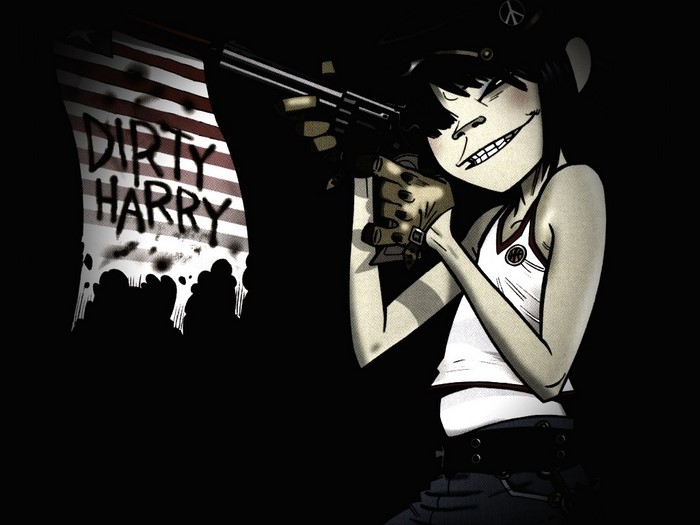 Noodle from Gorillaz holding a gun with "Dirty Harry" flag