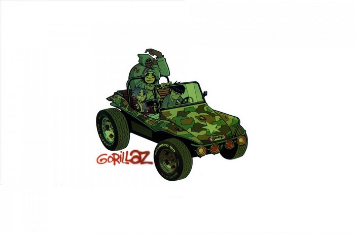 Gorillaz band members in a camouflage buggy