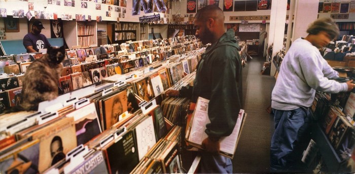 People browsing records in a music store