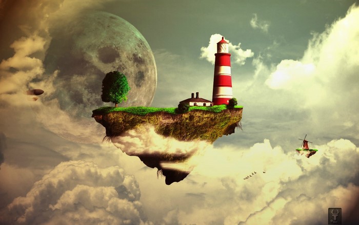 Floating islands with lighthouse and moon