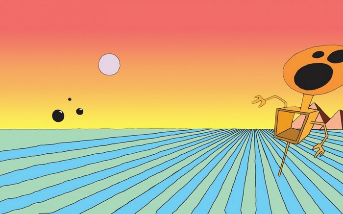 Surreal landscape with cartoon character and planets