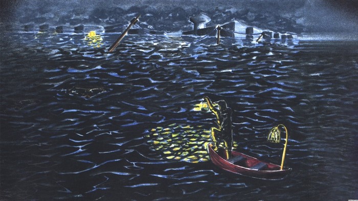 Man in a boat with a lantern at sea