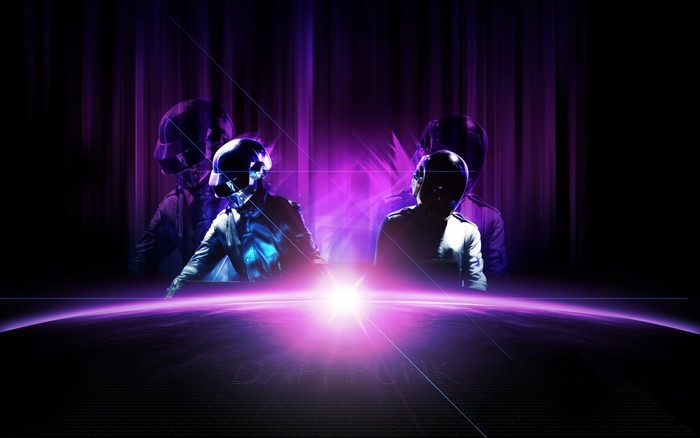 Daft Punk performing on a stage with purple lights