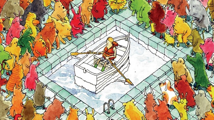 A boy in a boat surrounded by colorful creatures