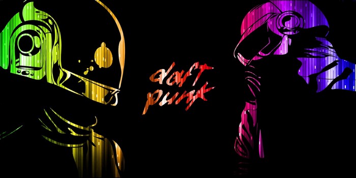 Daft Punk illustration with colorful helmets