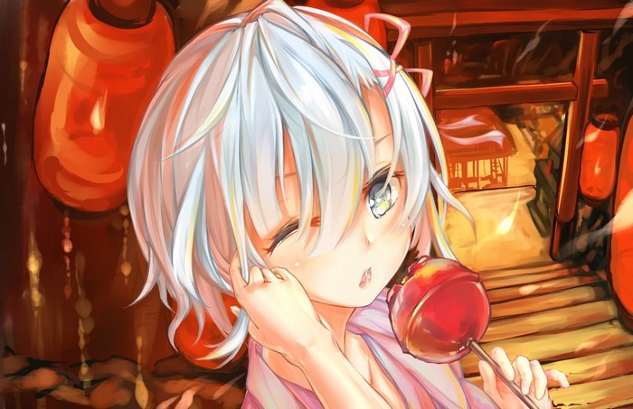 Anime girl with white hair eating candy apple
