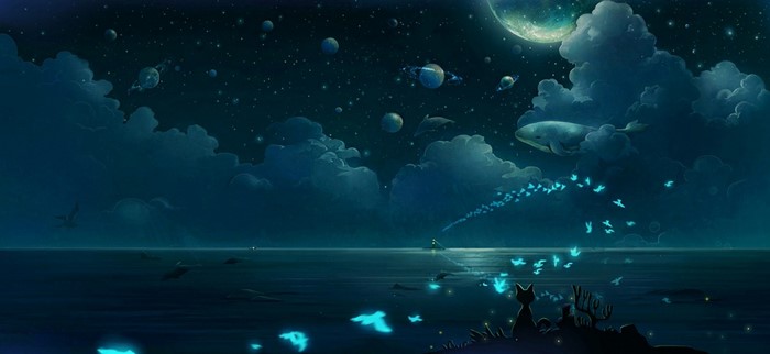 Whale and birds in outer space over the ocean