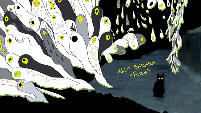 Melt-Banana "Fetch" album art with creatures and cat