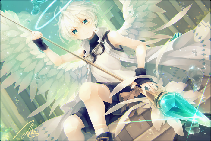 Anime boy with white hair and wings holding a staff