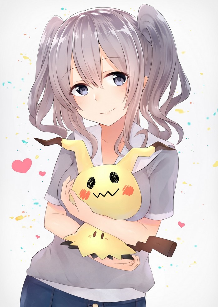 Anime girl with gray hair holding Mimikyu plush