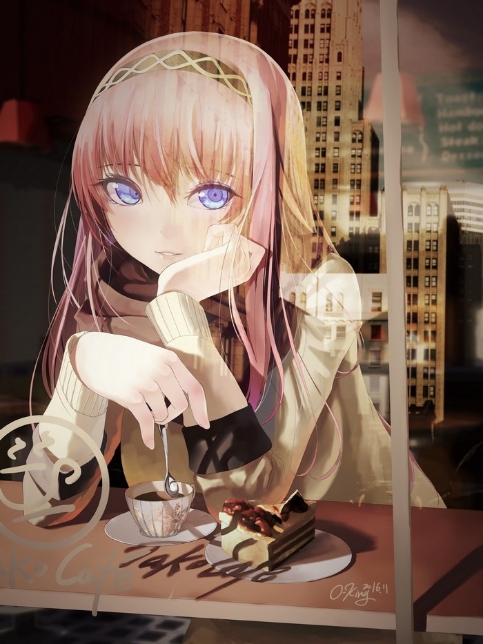 Anime girl with pink hair and blue eyes in a cafe