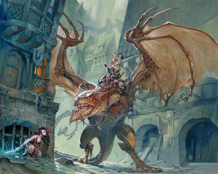 Dragon rider and warrior in a fantasy city
