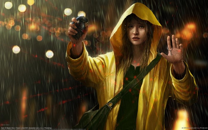 Woman in yellow raincoat holding a grenade in the rain