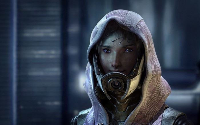 Female character from Mass Effect with hood and mask