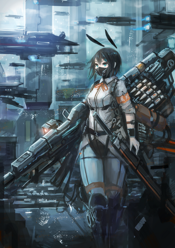 Anime girl with mecha weapons in a futuristic city