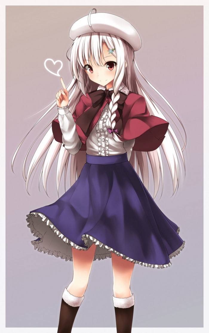 Anime girl with white hair and red eyes wearing a beret