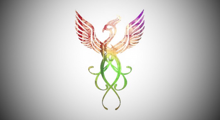 Phoenix logo with colorful textured wings and tail