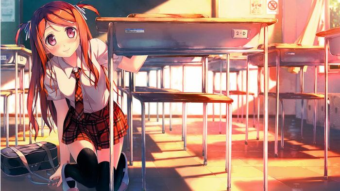 Anime girl in school uniform in a classroom
