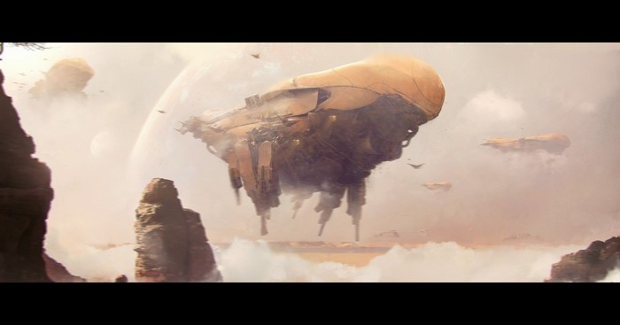 Science fiction scene with alien ships in the sky