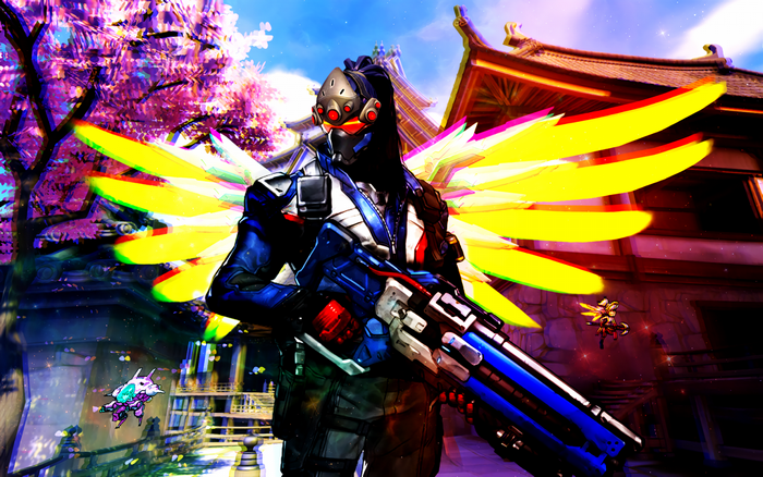 Overwatch character with yellow wings and rifle