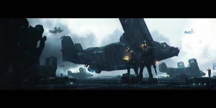 Futuristic soldiers and aircraft in a rainy, dark environment