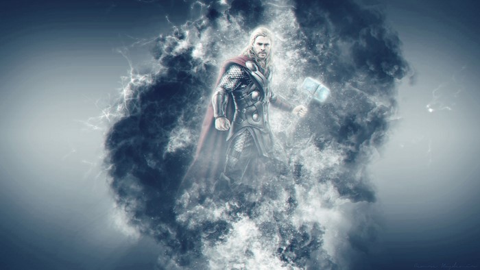 Thor from Marvel movies with Mjolnir in a storm