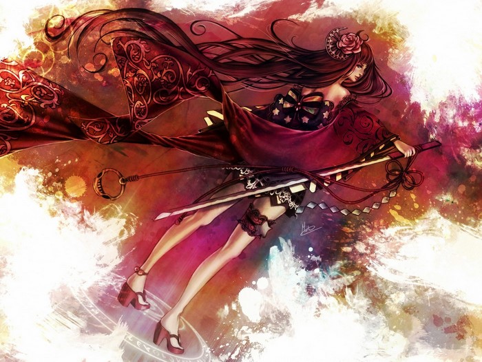 Anime girl with long dark hair and red kimono holding a staff