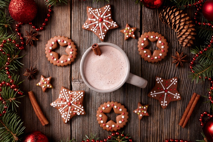 Christmas Cocoa and Cookies on Wooden Table