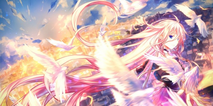 IA Vocaloid with white birds flying over city