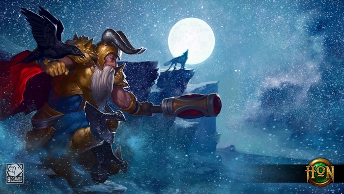 Odin from Heroes of Newerth with ravens and wolf