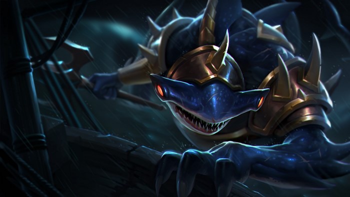 Reptile creature with armor and trident in a dark setting