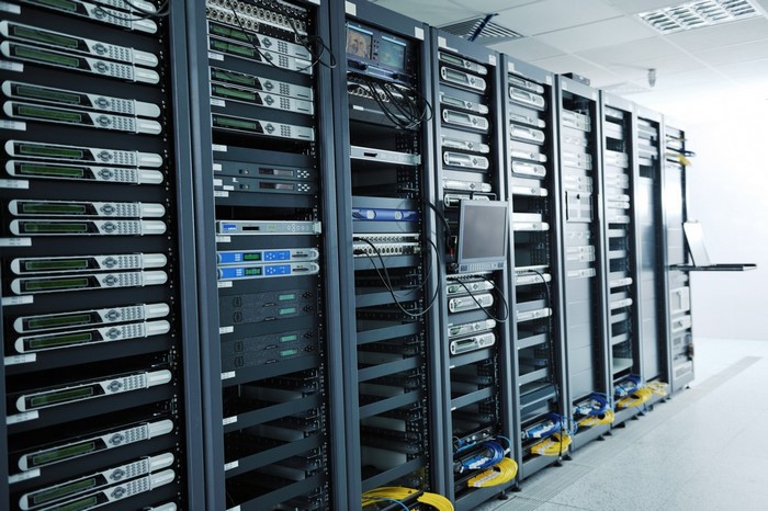 Server racks with computer hardware and networking equipment