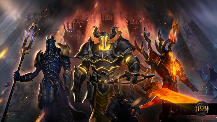 Heroes of Newerth characters in a fiery landscape