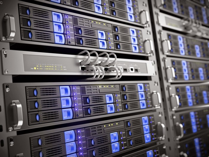 Modern Network Server Rack with Blue LED Lights