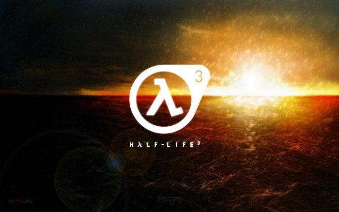 Half-Life 3 logo over a sunset ocean