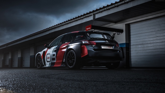 Peugeot 308 TCR race car in garage