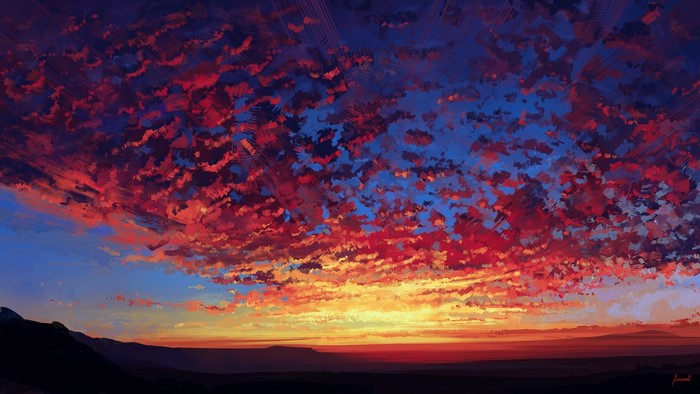 Artwork of a dramatic sunset over a dark landscape