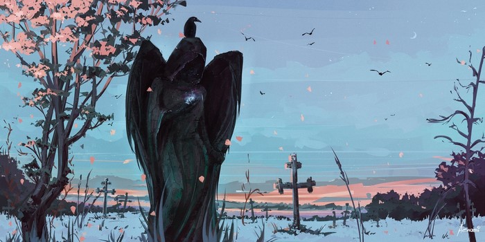 Angel statue in a snowy graveyard with cherry blossoms
