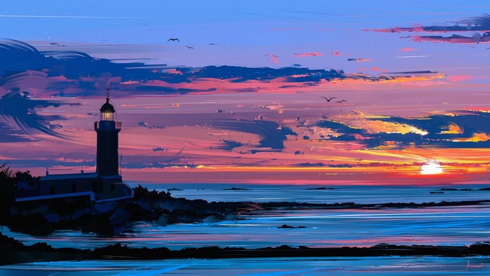 Lighthouse on a rocky shore at sunset
