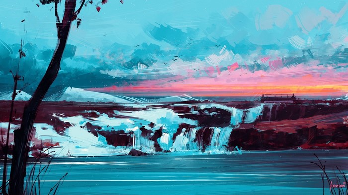 Painting of a waterfall at sunset by Aenami