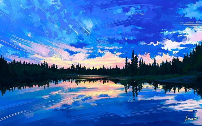 Artwork of a lake reflecting a colorful sunset sky